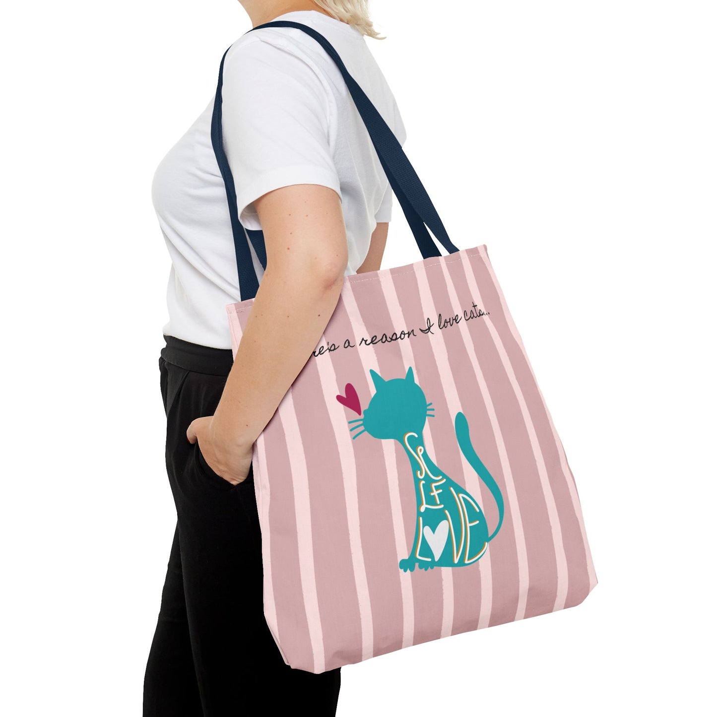 Cat Lover Tote Bag - Candy Pink Stripe Design - 3 Sizes Available