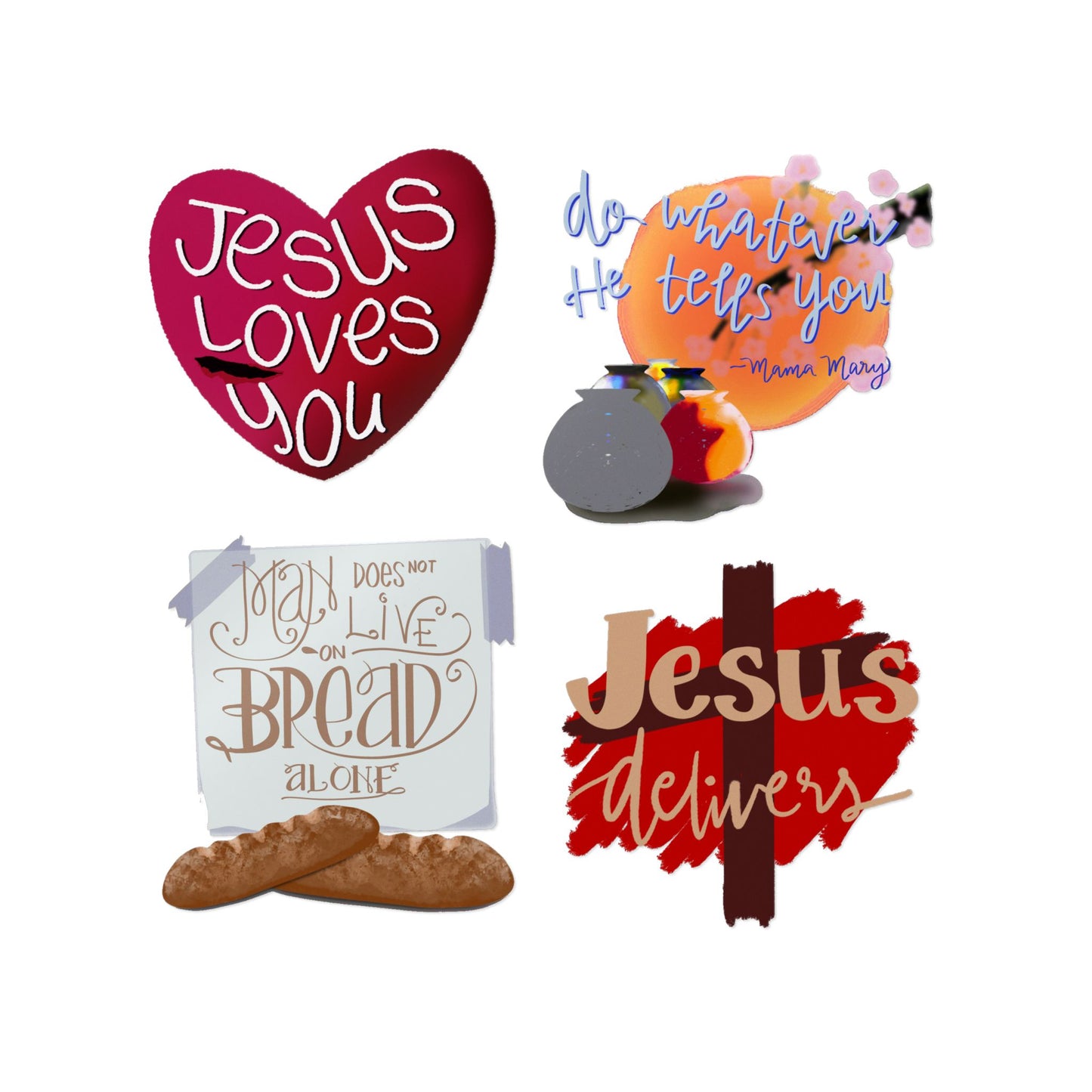 Christian Faith Stickers — Jesus Loves You, Pray & Bread, Jesus Delivers UV DTF Sticker Pack