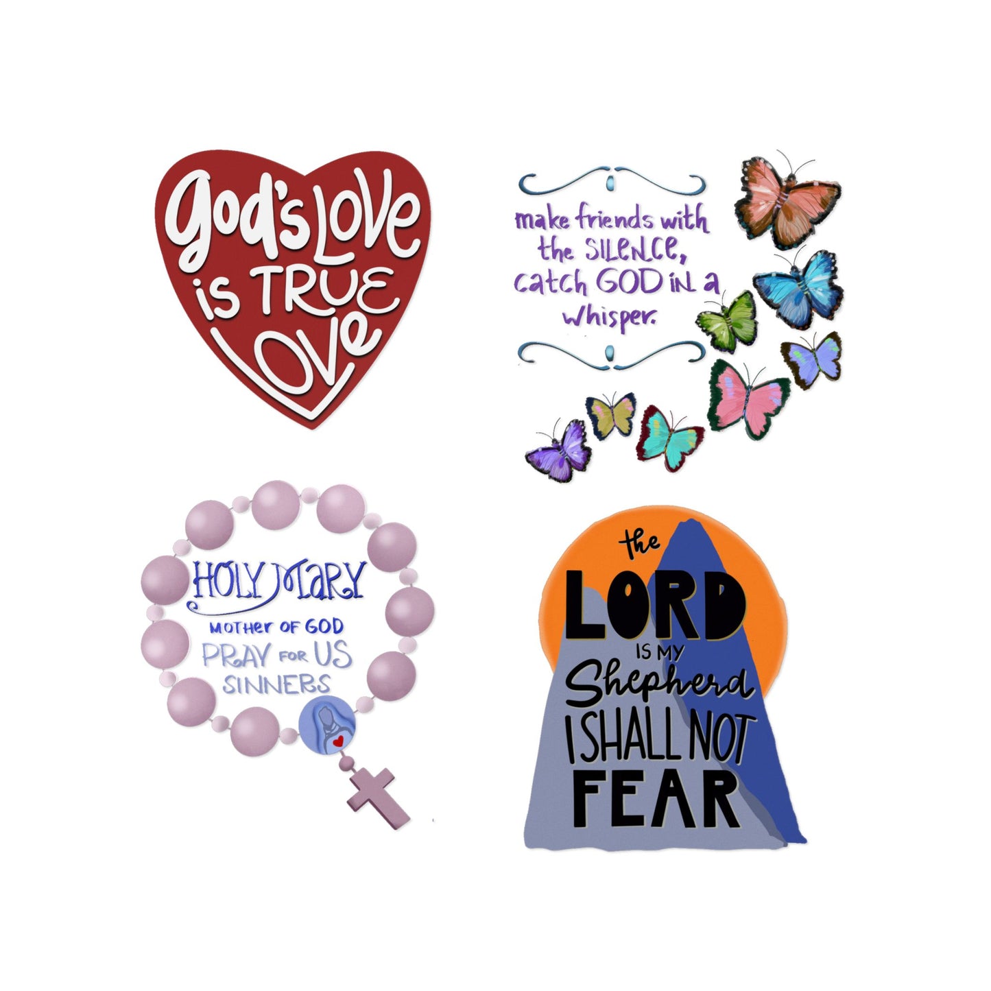 Faith Sticker Pack — Christian Inspirational UV DTF Decals (God's Love, Lord Is My Shepherd, Prayer Rosary, Butterfly Verse)