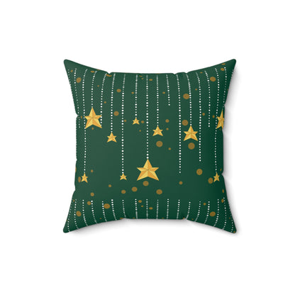 Golden Star Raining Christmas Green Spun Polyester Square Pillow