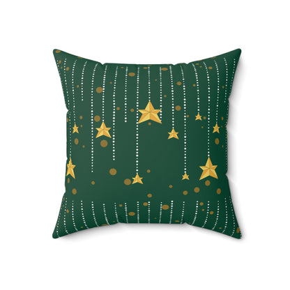 Golden Star Raining Christmas Green Spun Polyester Square Pillow