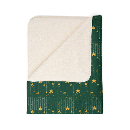 Golden Stars Raining Christmas Green Sherpa Blanket