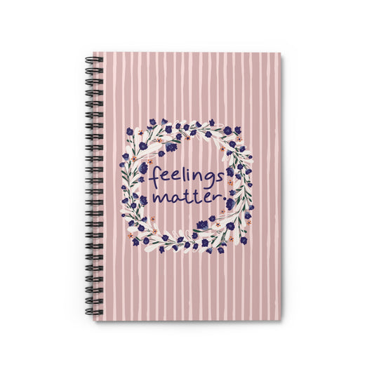 Feelings Matter in Floral Wreath Candy Pink Drip Stripes Spiral Notebook - Ruled Line