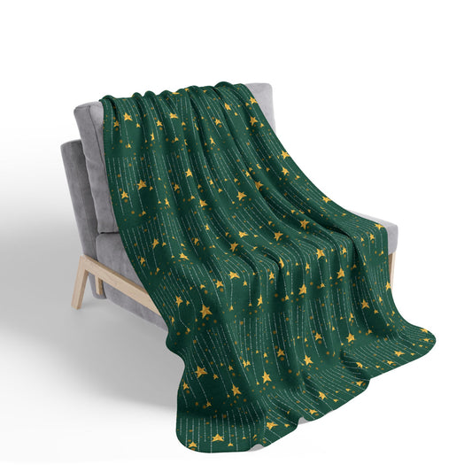 Golden Stars Raining Christmas Green Sherpa Blanket