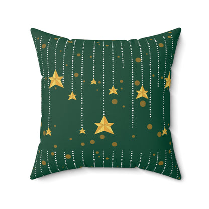 Golden Star Raining Christmas Green Spun Polyester Square Pillow