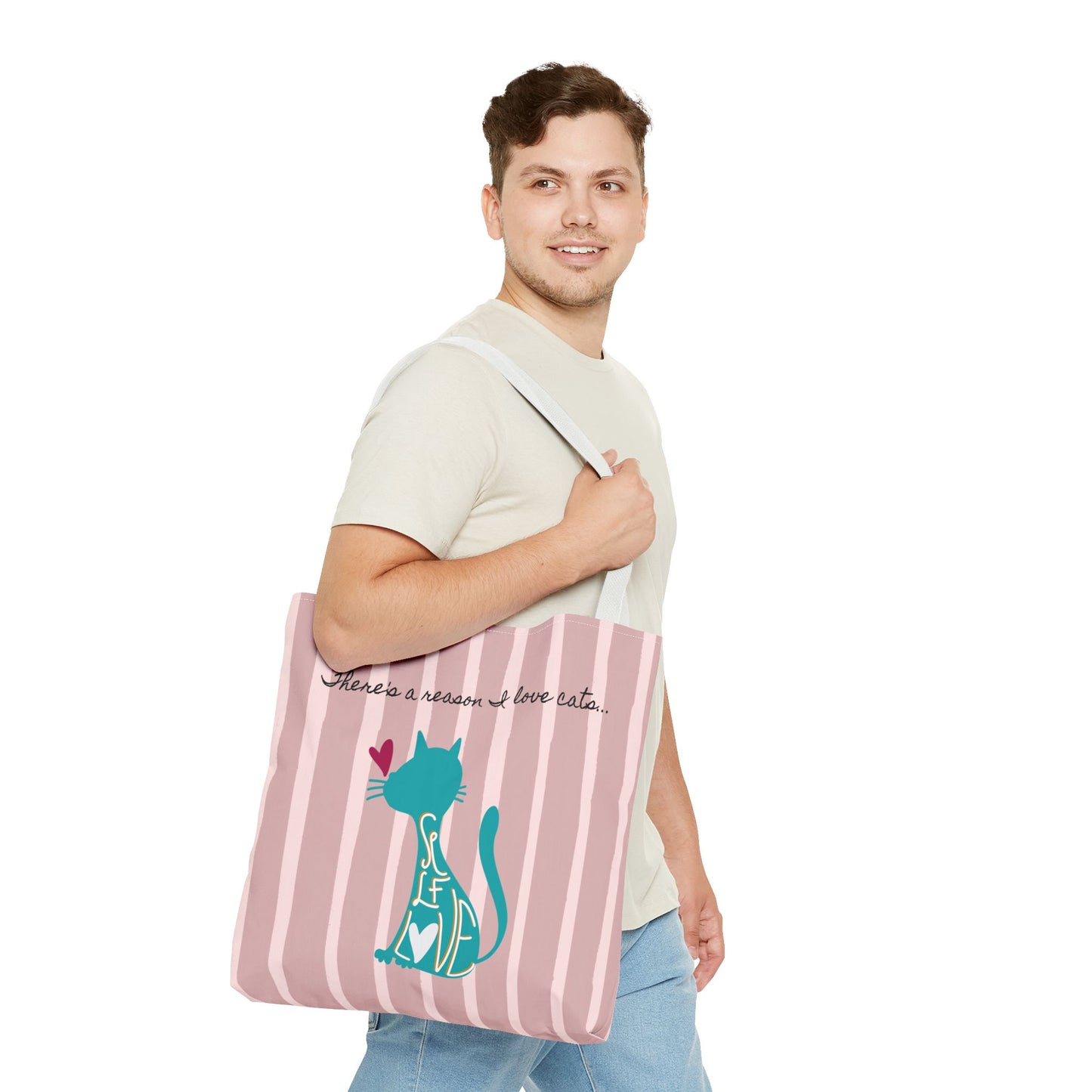 Cat Lover Tote Bag - Candy Pink Stripe Design - 3 Sizes Available