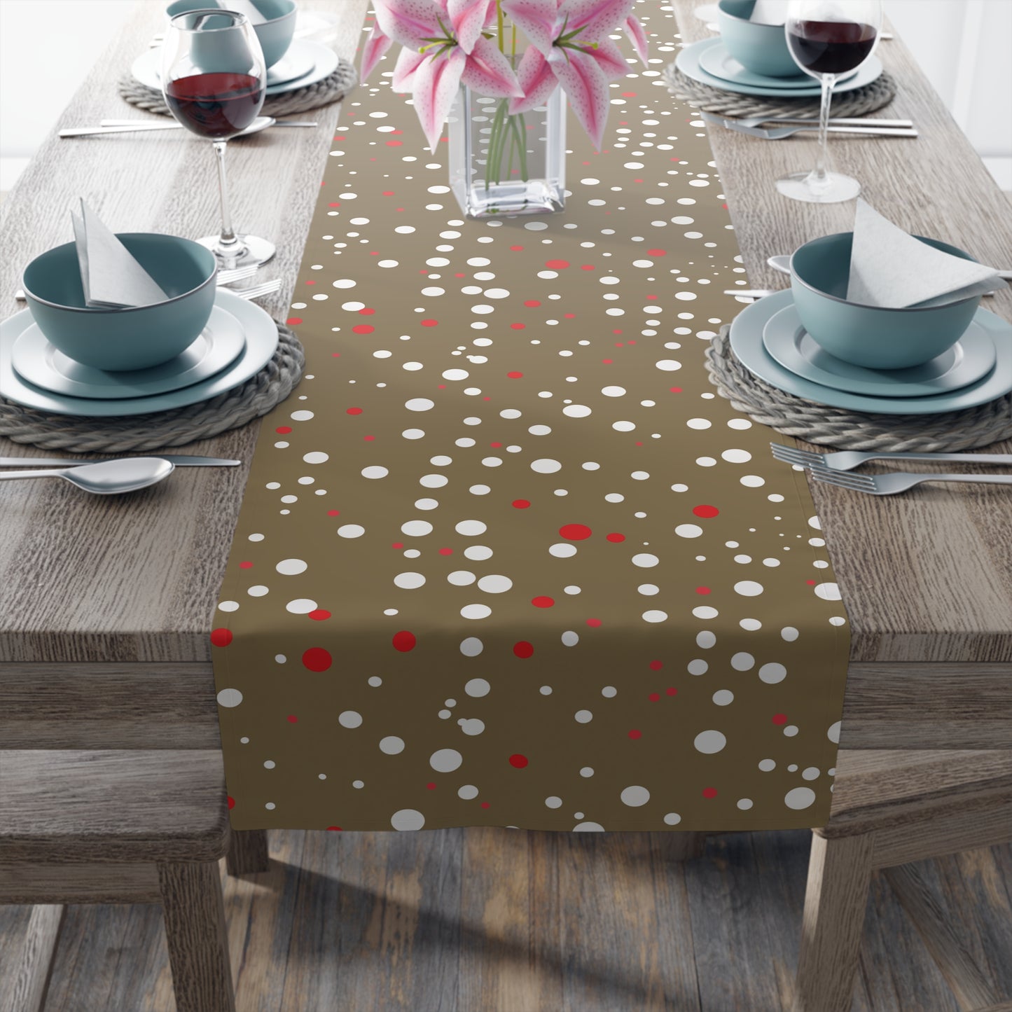 Table Runner - Red White Gold Polka Dots for Christmas New Year Dining