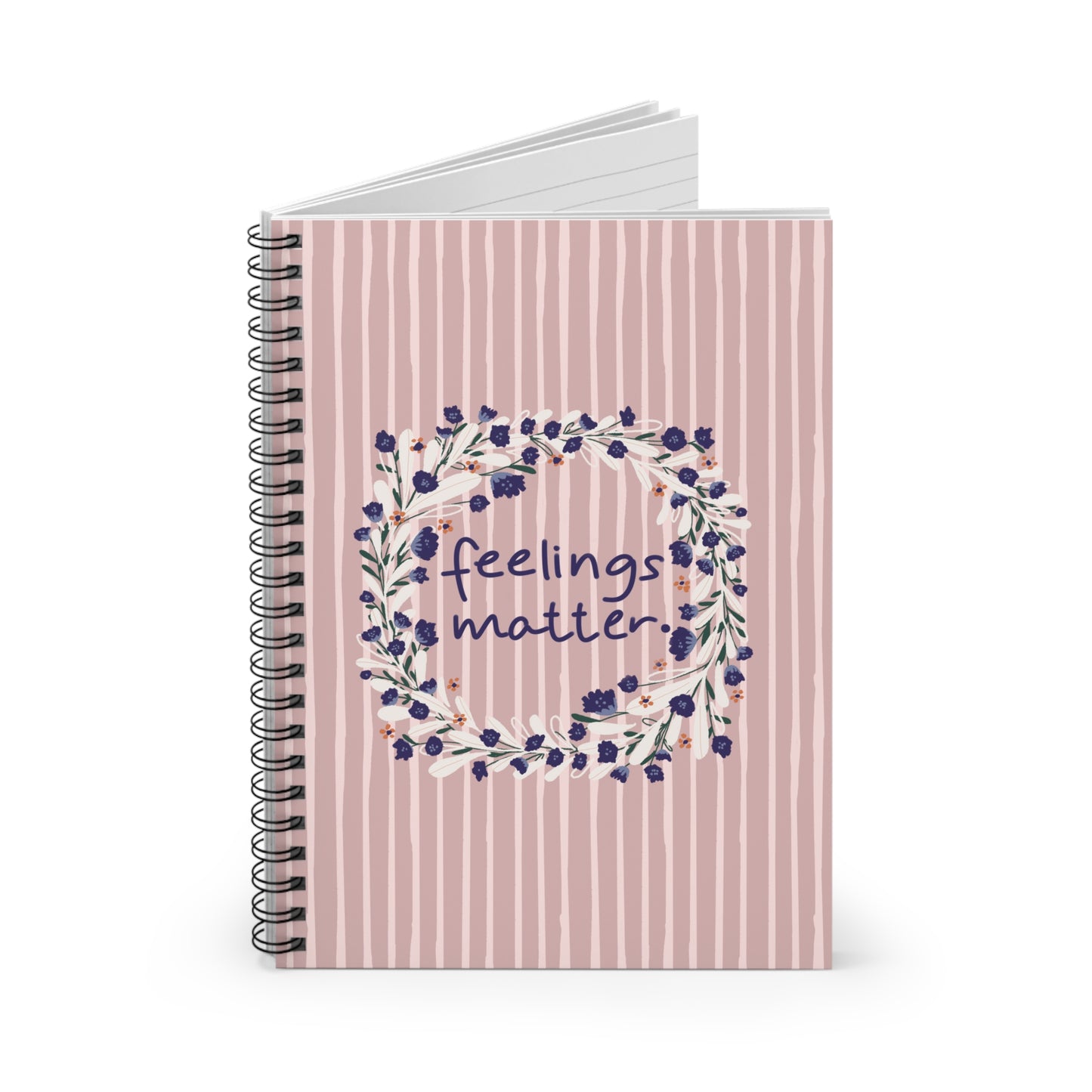 Feelings Matter in Floral Wreath Candy Pink Drip Stripes Spiral Notebook - Ruled Line