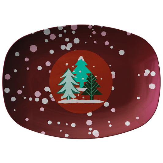 Christmas Trees and Snow Falling Snowflakes Red Platter